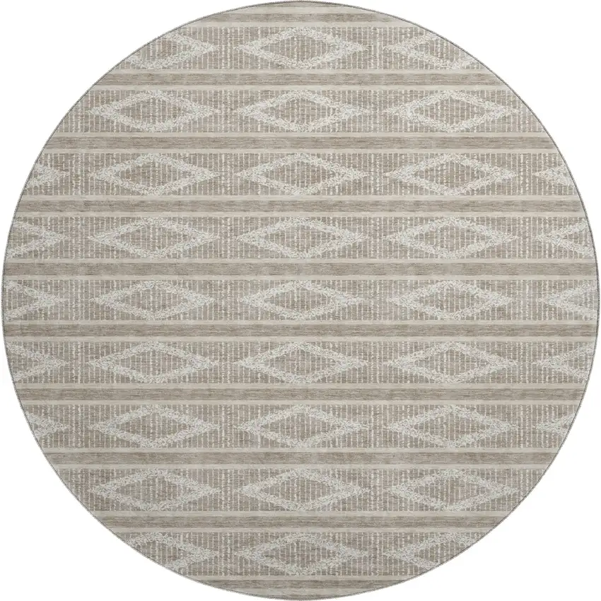 8' Taupe And Beige Geometric Washable Round Rug With UV Protection Photo 1