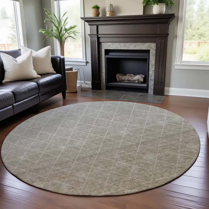 8' Taupe And Beige Geometric Washable Round Rug With UV Protection Photo 4