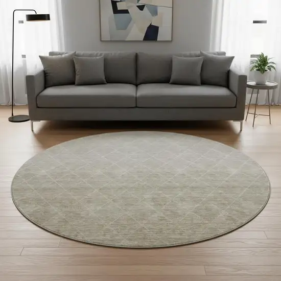 8' Taupe And Beige Geometric Washable Round Rug With UV Protection Photo 2
