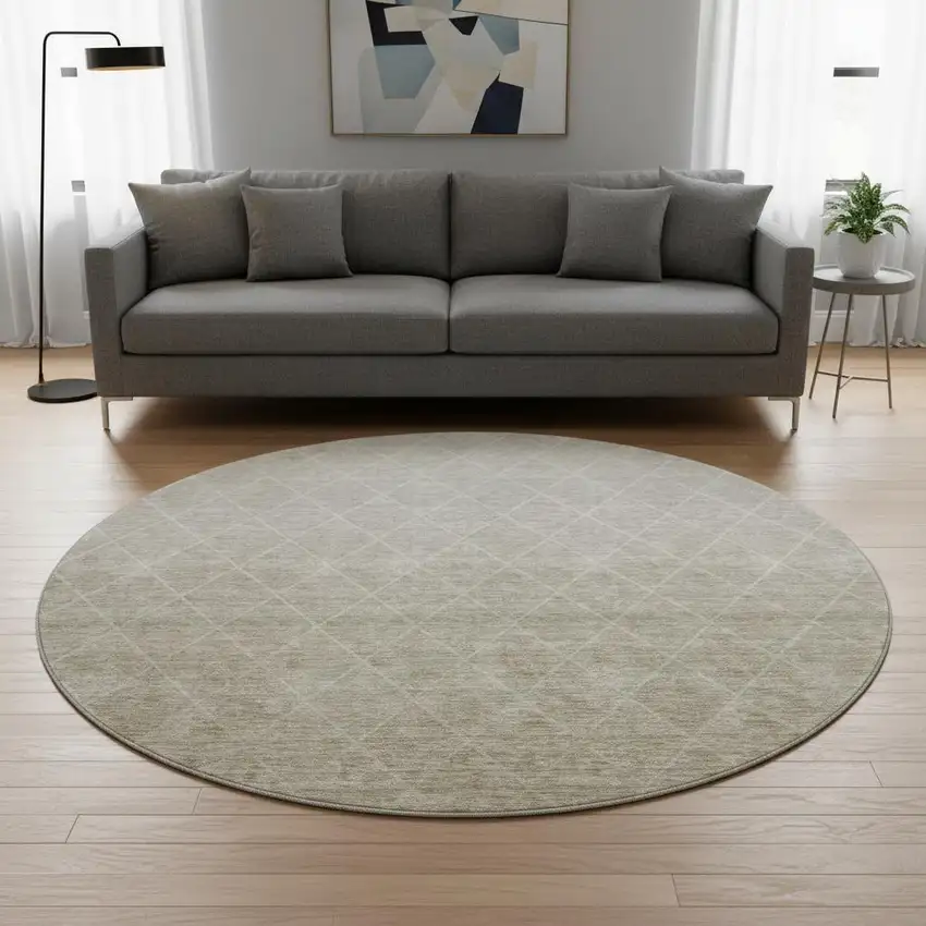 8' Taupe And Beige Geometric Washable Round Rug With UV Protection Photo 2