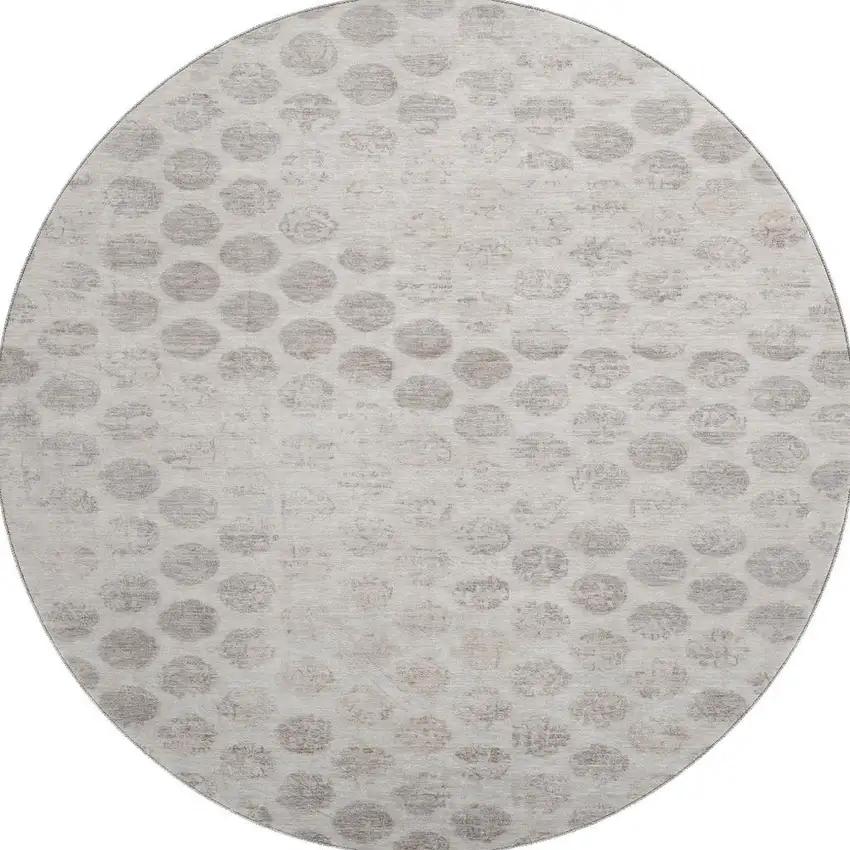 8' Taupe And Beige Geometric Washable Round Rug With UV Protection Photo 3