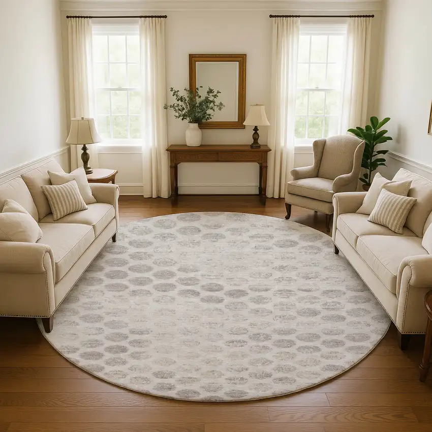 8' Taupe And Beige Geometric Washable Round Rug With UV Protection Photo 4