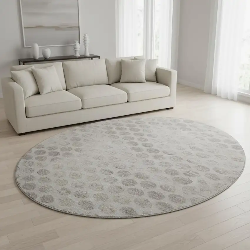 8' Taupe And Beige Geometric Washable Round Rug With UV Protection Photo 2