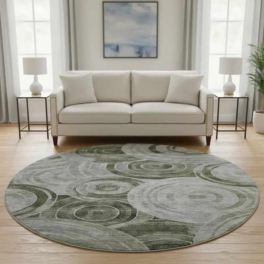 8' Taupe And Beige Geometric Washable Round Rug With UV Protection Photo 2