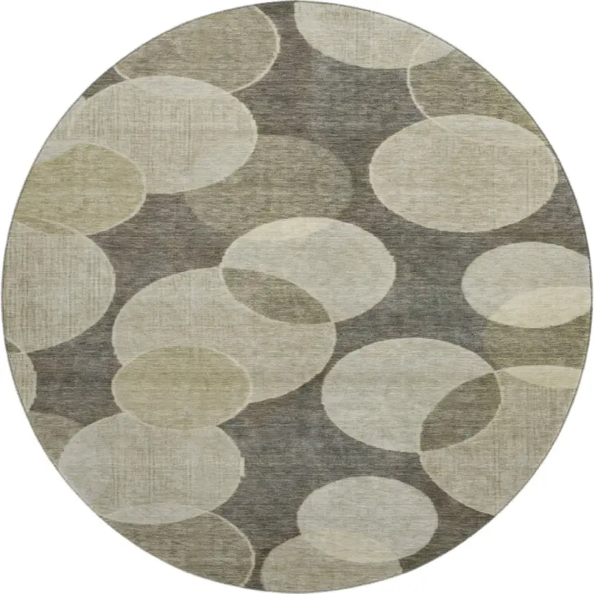 8' Taupe And Beige Geometric Washable Round Rug With UV Protection Photo 1