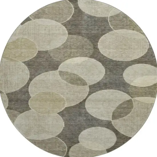 8' Taupe And Beige Geometric Washable Round Rug With UV Protection Photo 4