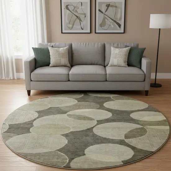 8' Taupe And Beige Geometric Washable Round Rug With UV Protection Photo 2