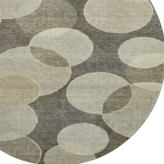 8' Taupe And Beige Geometric Washable Round Rug With UV Protection Photo 2