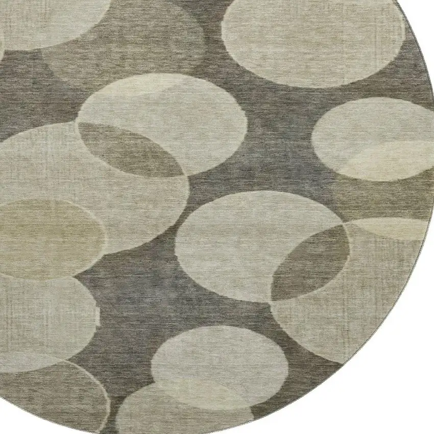 8' Taupe And Beige Geometric Washable Round Rug With UV Protection Photo 2