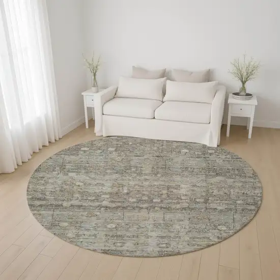 8' Taupe And Beige Geometric Washable Round Rug With UV Protection Photo 4