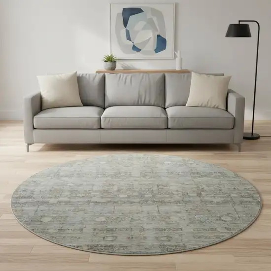 8' Taupe And Beige Geometric Washable Round Rug With UV Protection Photo 2