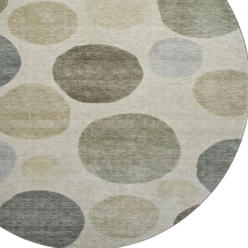 8' Taupe And Beige Geometric Washable Round Rug With UV Protection Photo 3
