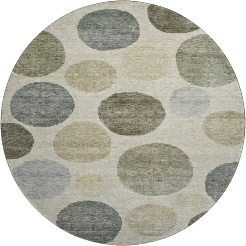 8' Taupe And Beige Geometric Washable Round Rug With UV Protection Photo 1