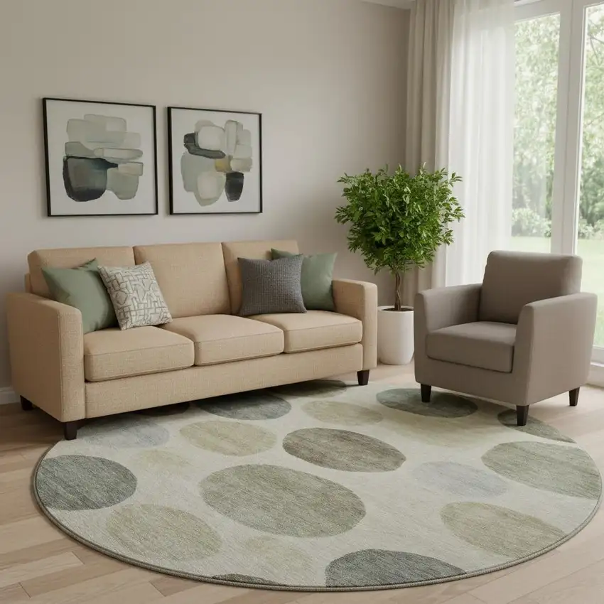 8' Taupe And Beige Geometric Washable Round Rug With UV Protection Photo 2