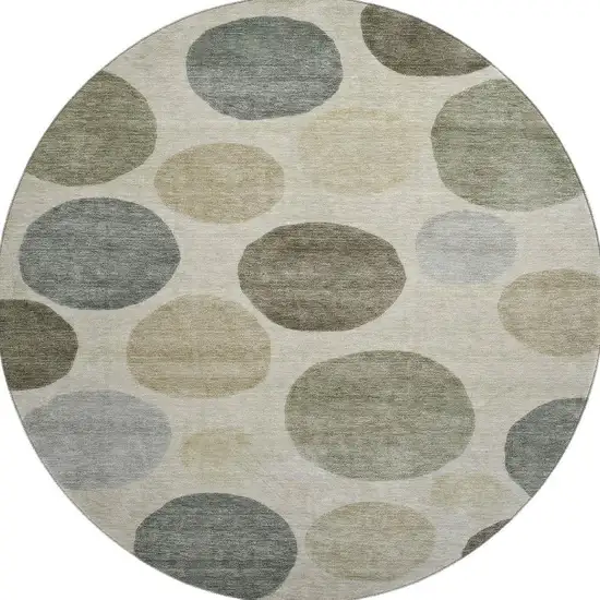 8' Taupe And Beige Geometric Washable Round Rug With UV Protection Photo 4