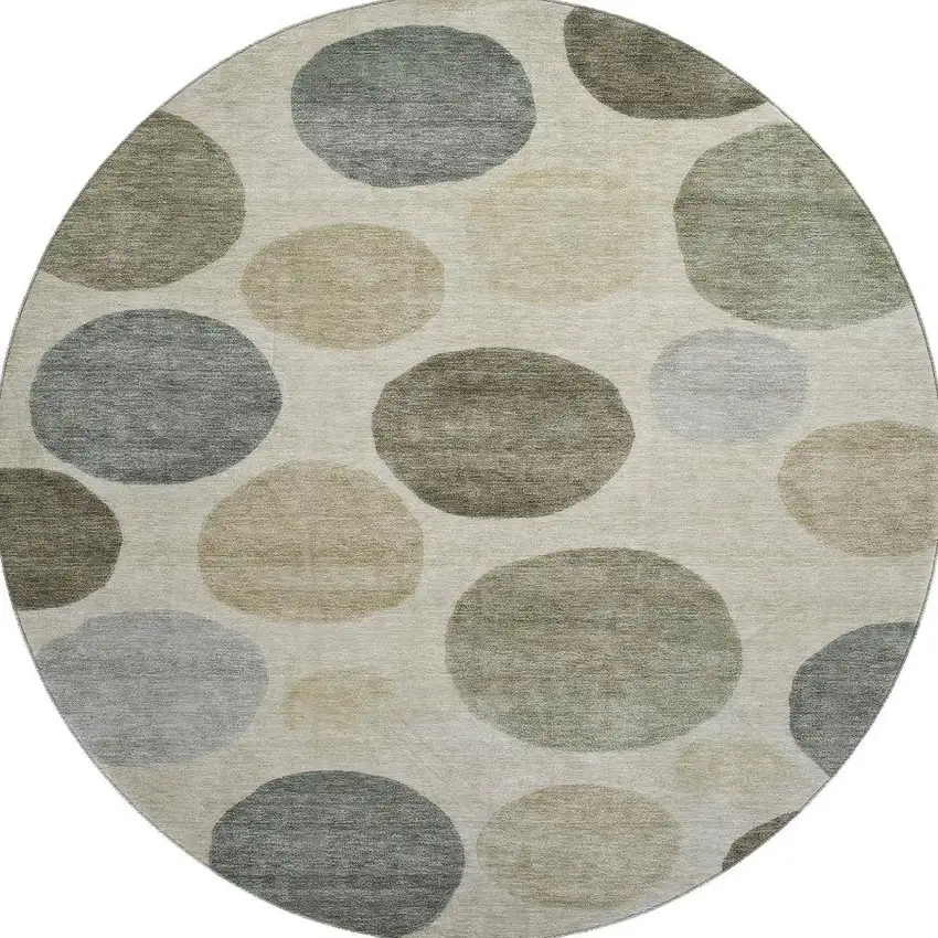 8' Taupe And Beige Geometric Washable Round Rug With UV Protection Photo 4