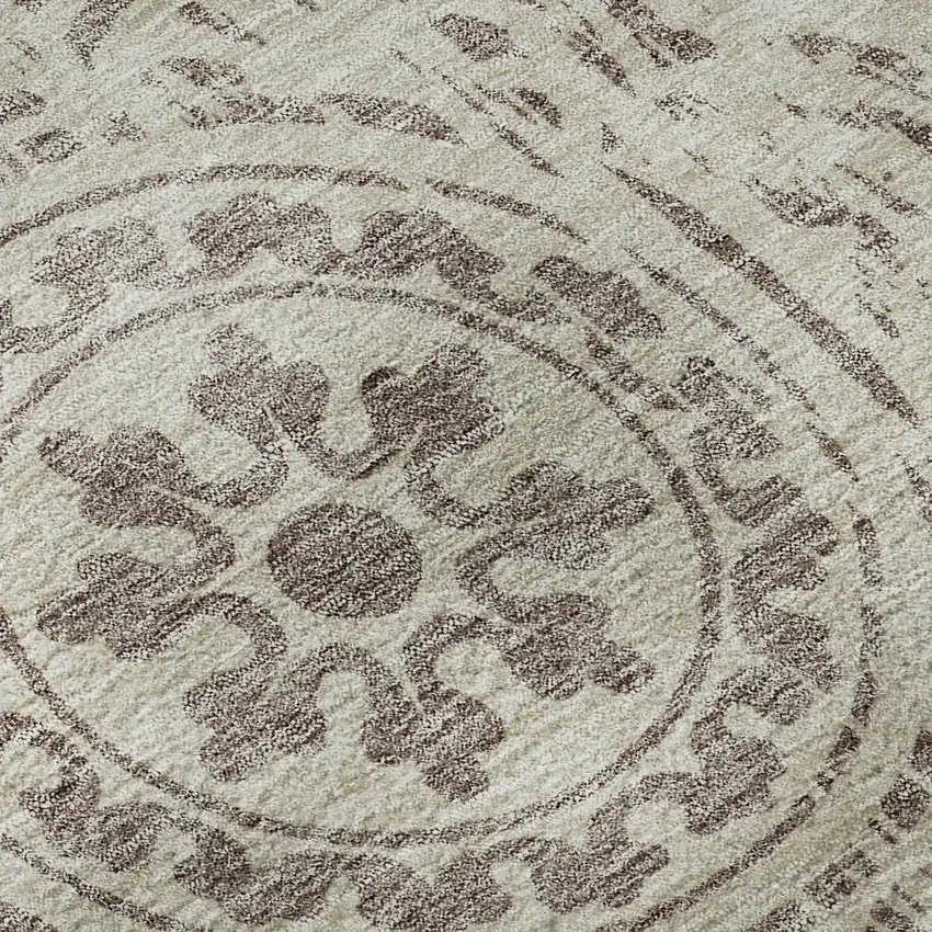 8' Taupe And Beige Medallion Washable Round Rug With UV Protection Photo 9