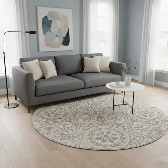 8' Taupe And Beige Medallion Washable Round Rug With UV Protection Photo 2