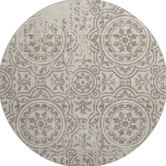 8' Taupe And Beige Medallion Washable Round Rug With UV Protection Photo 4