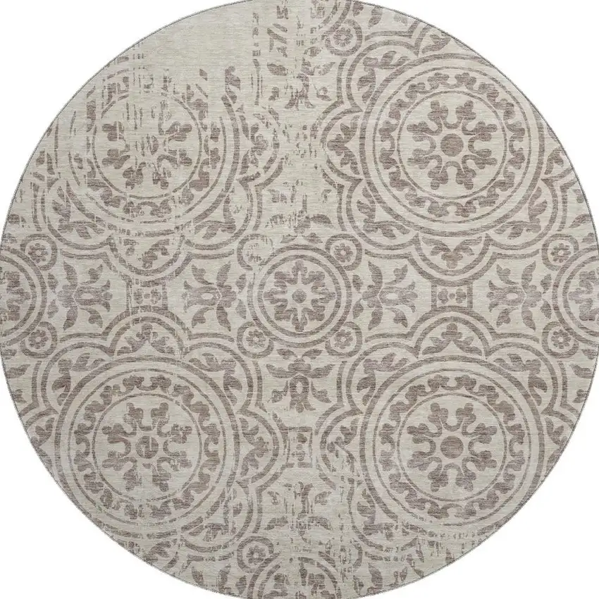 8' Taupe And Beige Medallion Washable Round Rug With UV Protection Photo 4