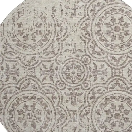 8' Taupe And Beige Medallion Washable Round Rug With UV Protection Photo 3