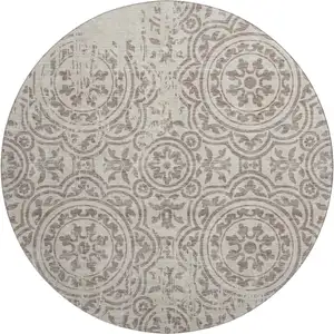 Photo of 8' Taupe And Beige Medallion Washable Round Rug With UV Protection