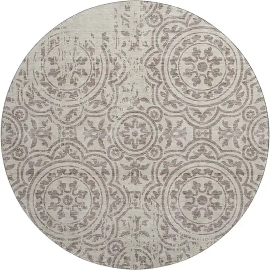 8' Taupe And Beige Medallion Washable Round Rug With UV Protection Photo 1