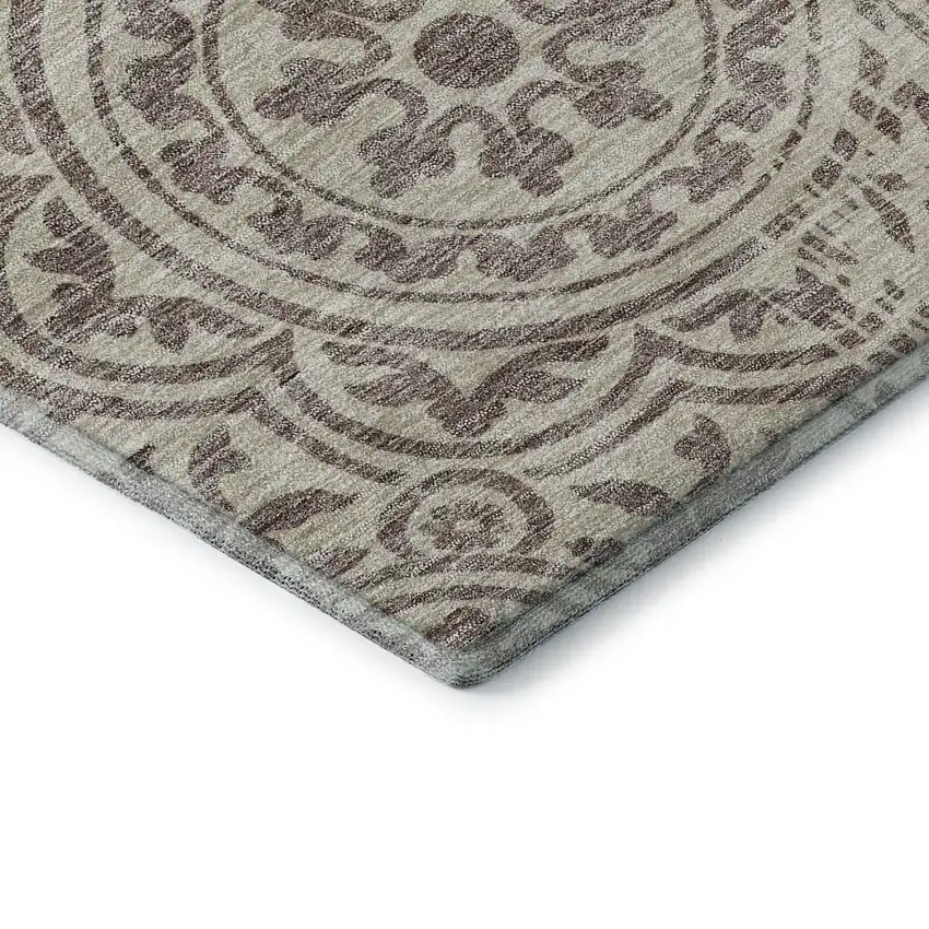 8' Taupe And Beige Medallion Washable Round Rug With UV Protection Photo 7