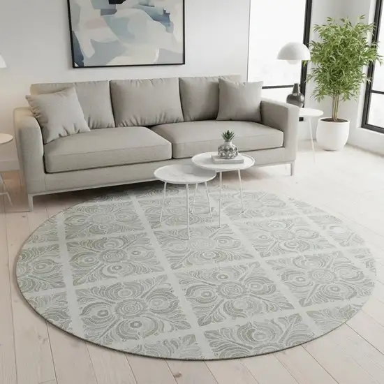 8' Taupe And Beige Medallion Washable Round Rug With UV Protection Photo 2