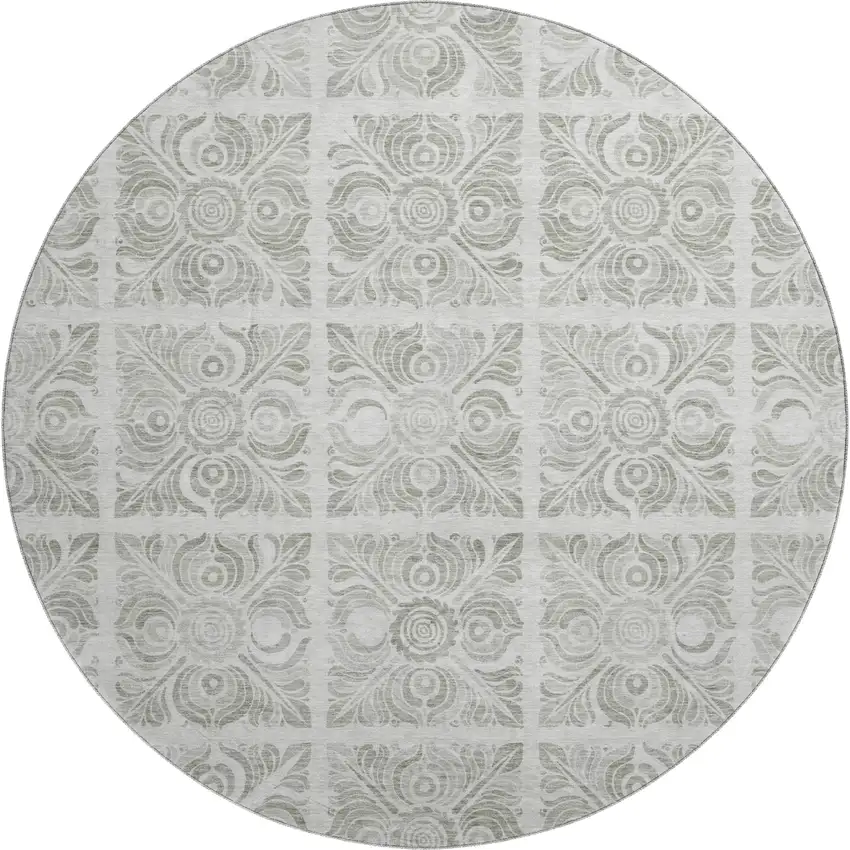 8' Taupe And Beige Medallion Washable Round Rug With UV Protection Photo 1