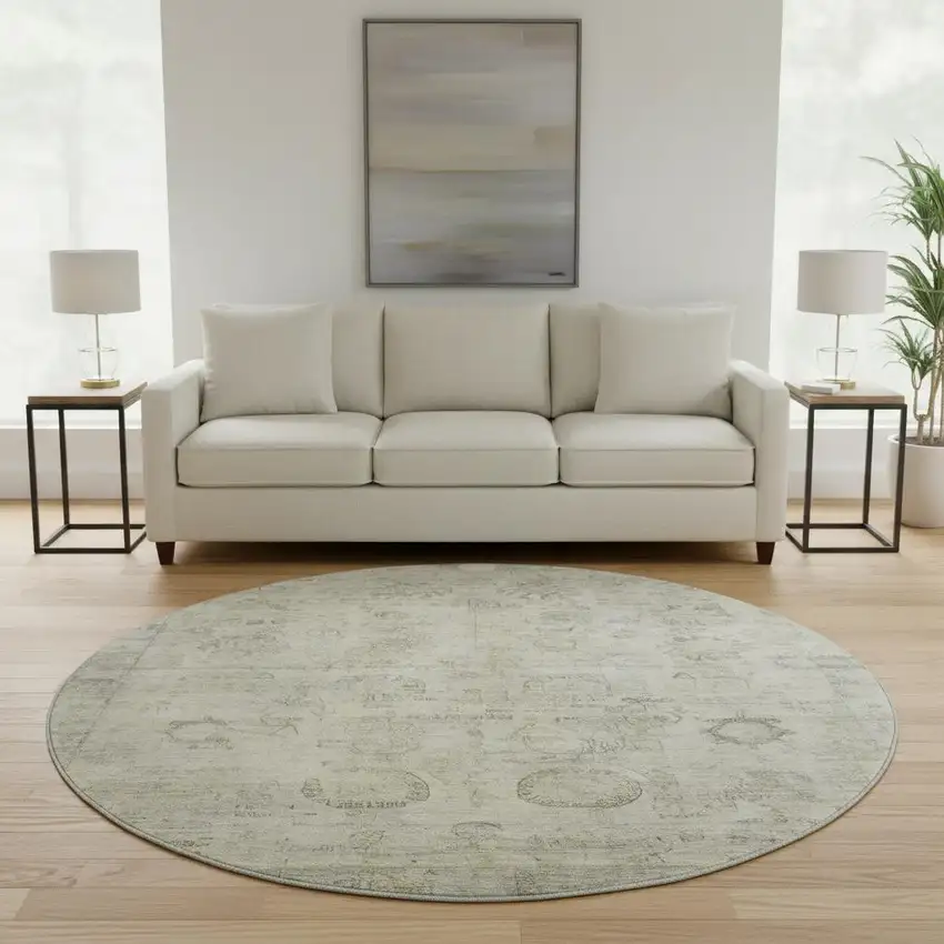 8' Taupe And Beige Oriental Washable Round Rug With UV Protection Photo 2