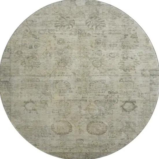 8' Taupe And Beige Oriental Washable Round Rug With UV Protection Photo 3