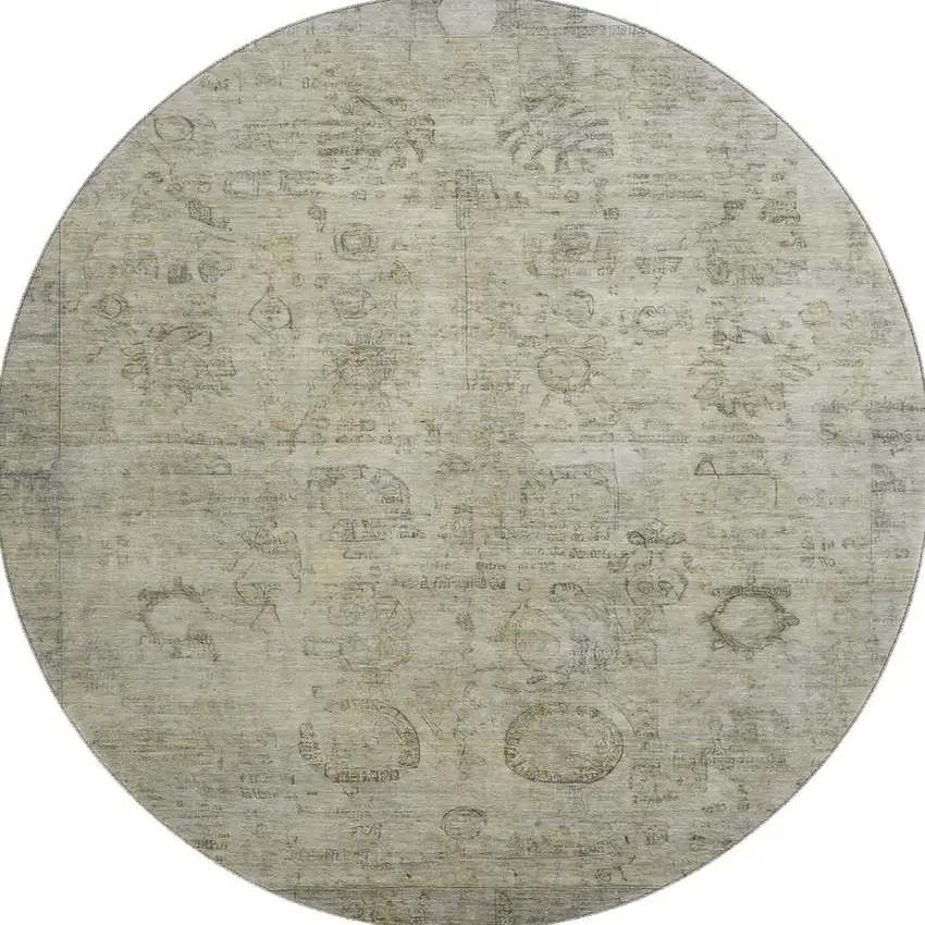 8' Taupe And Beige Oriental Washable Round Rug With UV Protection Photo 3