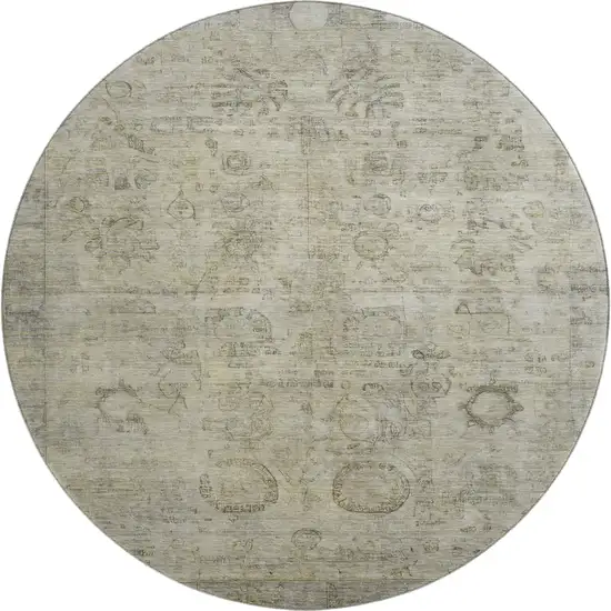 8' Taupe And Beige Oriental Washable Round Rug With UV Protection Photo 1