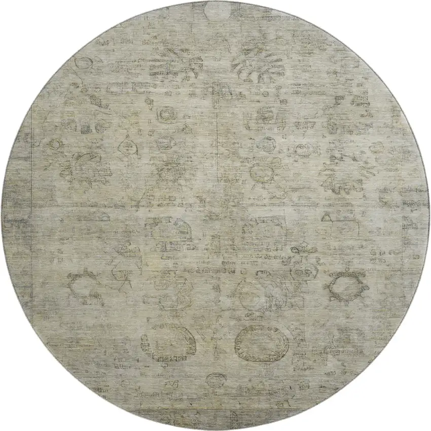 8' Taupe And Beige Oriental Washable Round Rug With UV Protection Photo 1
