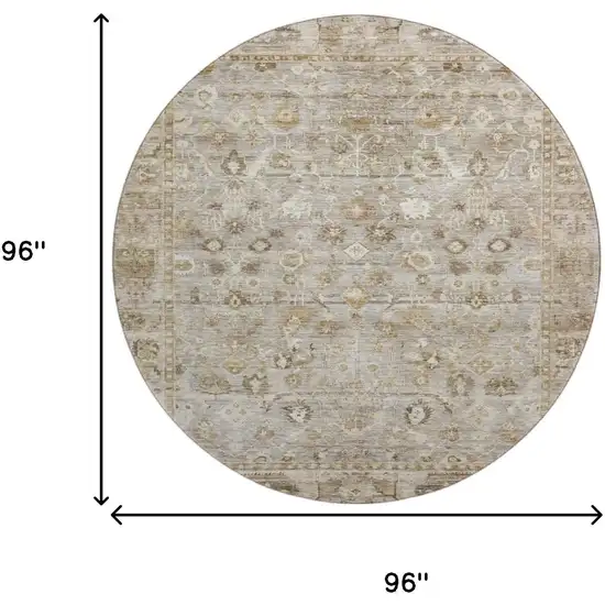 8' Taupe And Beige Oriental Washable Round Rug With UV Protection Photo 9