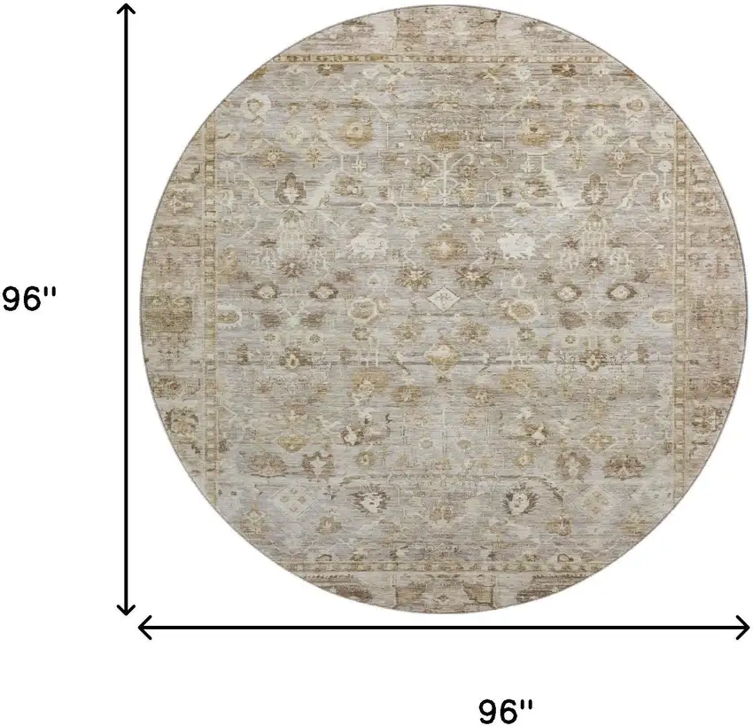 8' Taupe And Beige Oriental Washable Round Rug With UV Protection Photo 9