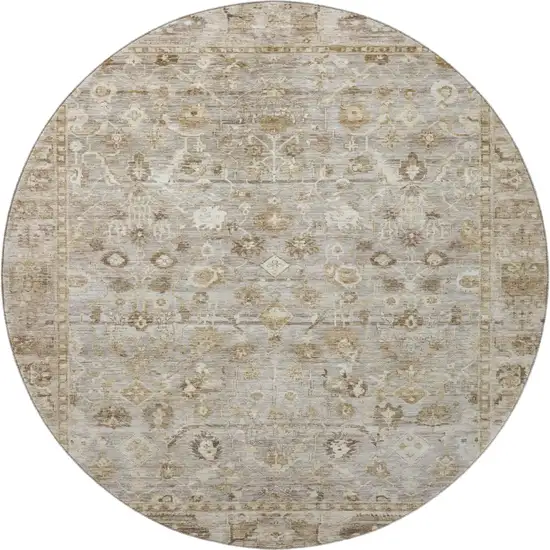 8' Taupe And Beige Oriental Washable Round Rug With UV Protection Photo 3
