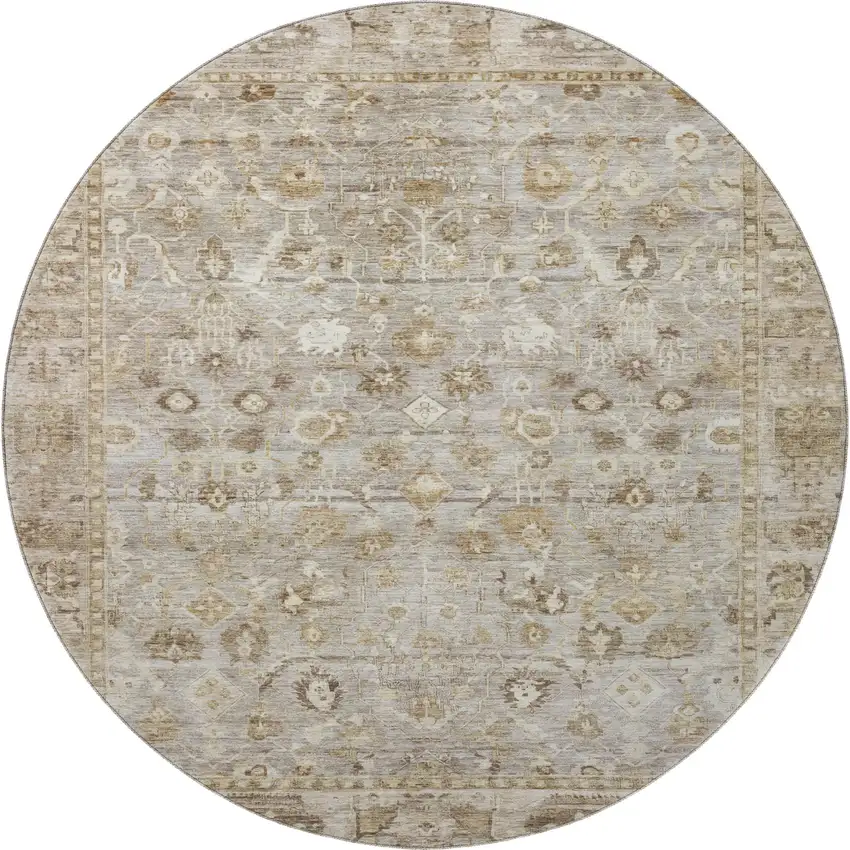 8' Taupe And Beige Oriental Washable Round Rug With UV Protection Photo 3