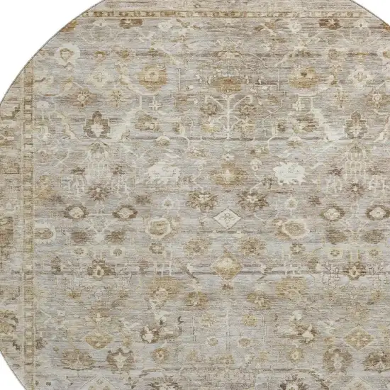 8' Taupe And Beige Oriental Washable Round Rug With UV Protection Photo 2