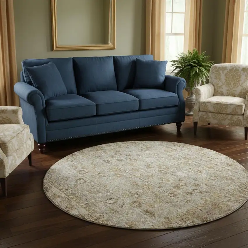 8' Taupe And Beige Oriental Washable Round Rug With UV Protection Photo 1