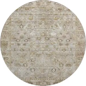 Photo of 8' Taupe And Beige Oriental Washable Round Rug With UV Protection