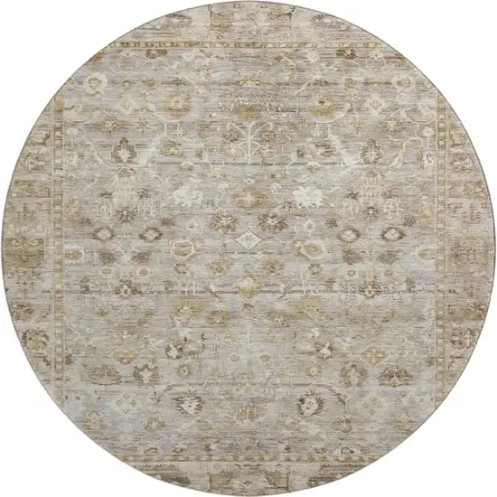 8' Taupe And Beige Oriental Washable Round Rug With UV Protection Photo 1
