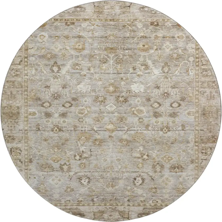 8' Taupe And Beige Oriental Washable Round Rug With UV Protection Photo 1