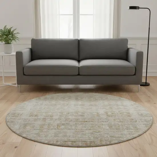 8' Taupe And Beige Oriental Washable Round Rug With UV Protection Photo 2