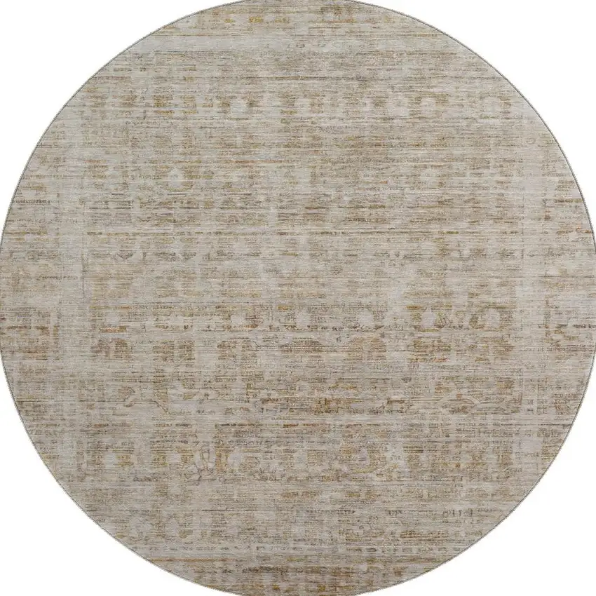 8' Taupe And Beige Oriental Washable Round Rug With UV Protection Photo 3
