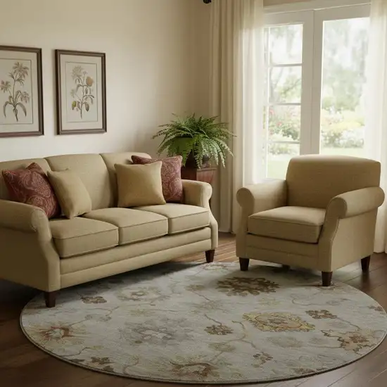 8' Taupe And Beige Oriental Washable Round Rug With UV Protection Photo 2