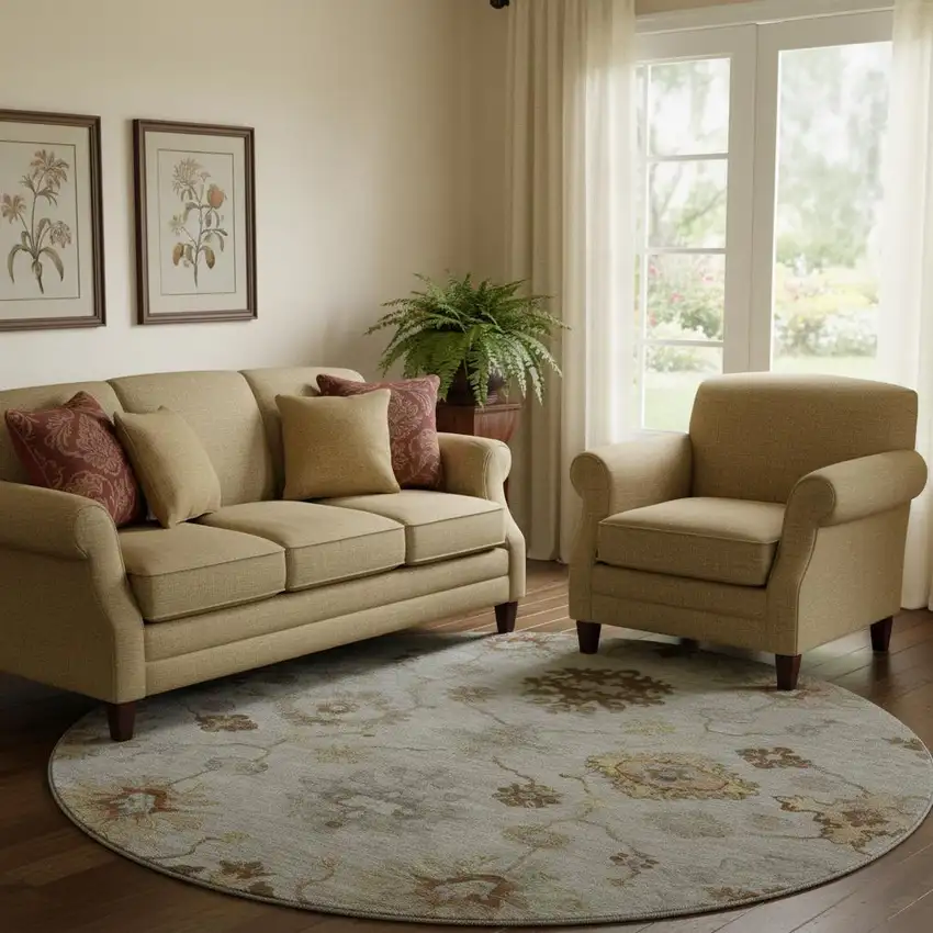 8' Taupe And Beige Oriental Washable Round Rug With UV Protection Photo 2