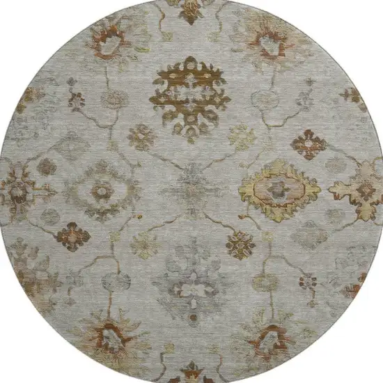 8' Taupe And Beige Oriental Washable Round Rug With UV Protection Photo 4