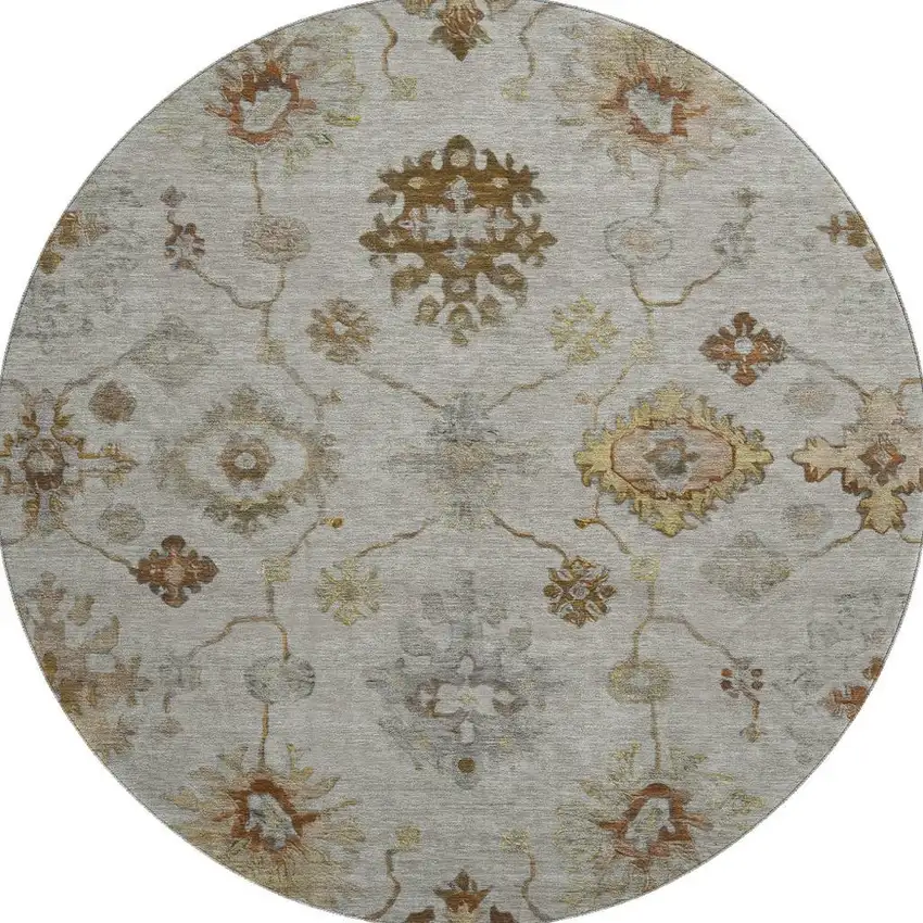 8' Taupe And Beige Oriental Washable Round Rug With UV Protection Photo 4